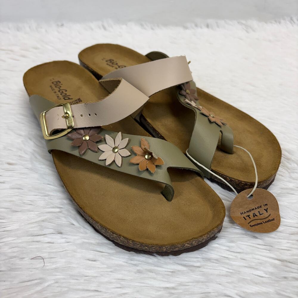 NWT Bio-Gold Floral LEather Sandals Made In Italy Size EU 41 US 8